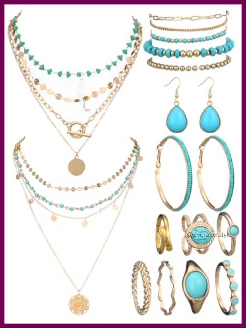 15 Piece Turquoise and Alloy Jewelry Set Boho Multi Layer Necklace Earrings